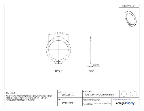 Standard External Retaining Ring, Tapered Section, Axial Assembly, 1060-1090 Carbon Steel, Zinc Yellow Chromate Plated Finish, 1-5/8" Shaft Diameter, 0.062" Thick, Made in US (Pack of 25)