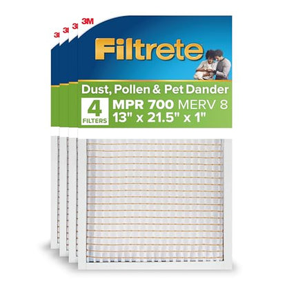 Filtrete 13x21.5x1 AC Furnace Air Filter, MPR 700, MERV 8, Tough on Pollen, Easy on Airflow, 3-Month Pleated 1-Inch Electrostatic Air Cleaning Filter, 4-Pack (Actual Size 12.69 x 21.19 x 0.81 in) - size: 13x21.5x1