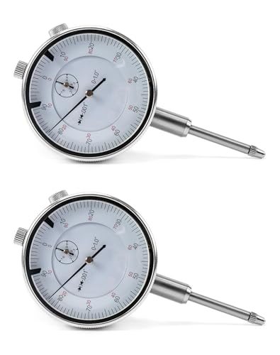 QWORK 0-1 Inch Dial Indicator with Carbide Anvil, 2 Pack, 0.001 Inch Resolution, Interchangeable Flat & Lug Back – 2 Inch Dial, Twist-Lock Bezel