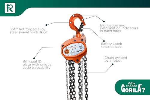 GORILA Hand Chain Hoist 6600LBS 10FT (3 Ton 3 Meters) with 2 Heavy Duty Hooks and Forged Locks | Safety Factor 4:1 | Since 1989 - size: 6600lbs - 10ft / 3t - 3m