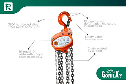 GORILA Hand Chain Hoist 6600LBS 10FT (3 Ton 3 Meters) with 2 Heavy Duty Hooks and Forged Locks | Safety Factor 4:1 | Since 1989 - size: 6600lbs - 10ft / 3t - 3m