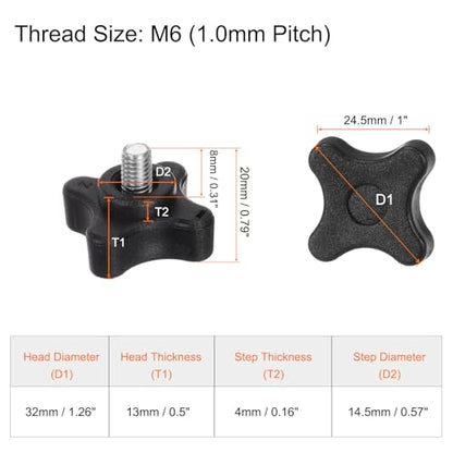 HARFINGTON 6pcs Star Clamping Knobs M6 x 8mm Metric Male Thread 32mm 4-Point Plastic Head Threaded Stud Knob Hand Tightening Thumb Screw Jig Handle, Black - size: M6 x 8mm x 32mm