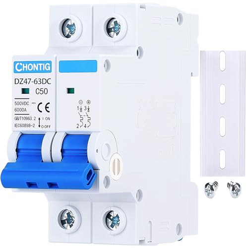 50 Amp Miniature DC Circuit Breaker 500V 2 Pole, Solar PV Disconnect Switch with Thermal Magnetic Trip, DIN Rail Mount Isolator C50