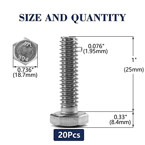 1/2-13 x 1 Hex Head Screw Bolt, 20Pcs 18-8 (304) Stainless Steel, Fully Threaded, Plain Finish, by SG TZH - size: 1/2-13 x 1"