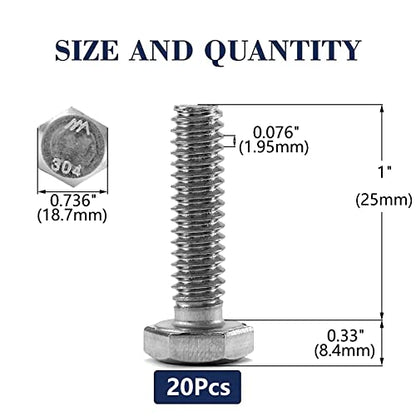 1/2-13 x 1 Hex Head Screw Bolt, 20Pcs 18-8 (304) Stainless Steel, Fully Threaded, Plain Finish, by SG TZH - size: 1/2-13 x 1"