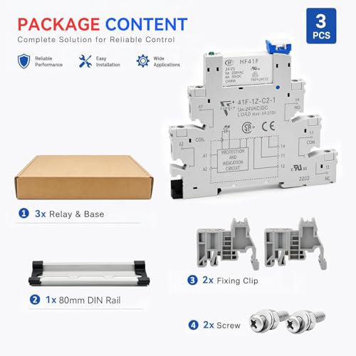 3 Pcs Miniature 5 Volt DC Relay HF41F/5-ZS 5 Pin 1NO 1NC 6A SPDT with LED Indicator, Socket Base and DIN Rail Module - size: 5V DC