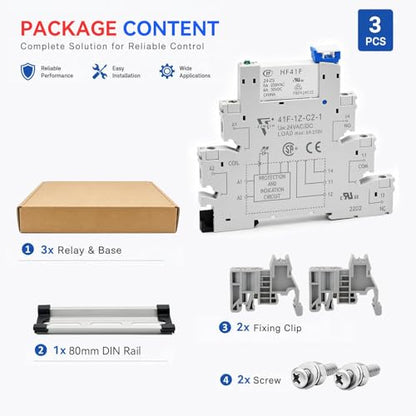3 Pcs Miniature 5 Volt DC Relay HF41F/5-ZS 5 Pin 1NO 1NC 6A SPDT with LED Indicator, Socket Base and DIN Rail Module - size: 5V DC