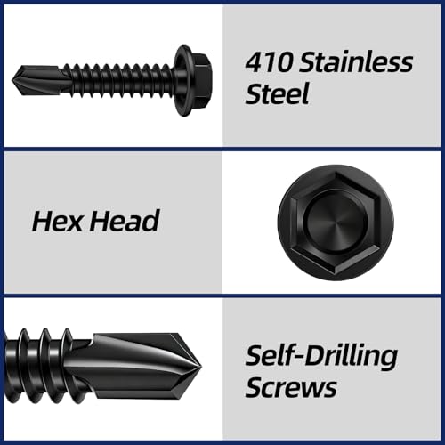 #10 x 2 Hex Washer Head Self Drilling Sheet Metal Screws with Drill Point, 410 Stainless Steel Self Tapping Screws for Metal, Black Oxide, 50 PCS - color: Black, size: #10 x 2"