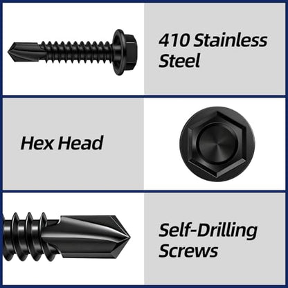 #10 x 2 Hex Washer Head Self Drilling Sheet Metal Screws with Drill Point, 410 Stainless Steel Self Tapping Screws for Metal, Black Oxide, 50 PCS - color: Black, size: #10 x 2"