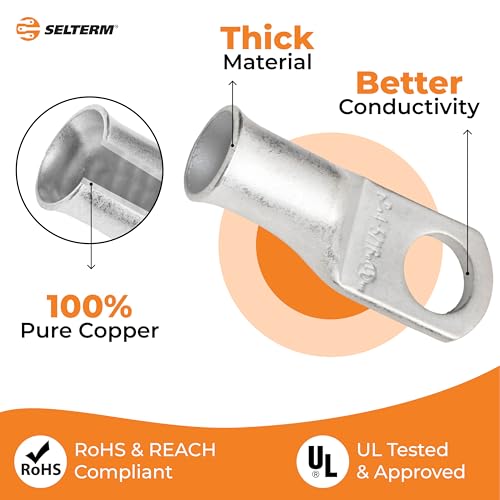 SELTERM 10pcs, 4 Awg, 5/16" Stud Marine Grade Tinned Copper Battery Lugs - color: Tinned Copper Lugs + Heat Shrinks, size: 4 Awg - 5/16" (M8) Ring