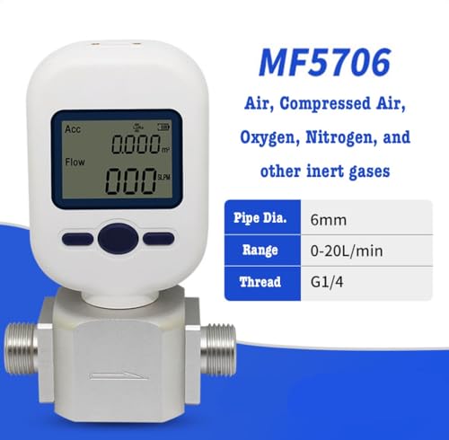 Digital Gas Flow Meter, Nitrogen Flow Meter, Portable Gas Mass Air Flow Meter, Compressed Air and Oxygen Flow Rate Meter Tester, Range 0-20L/min (MF5706)