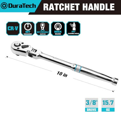 DURATECH 3/8-Inch Flex-Head Ratchet, 90-Tooth Quick-Release Ratchet Wrench - size: 3/8"(Polished)