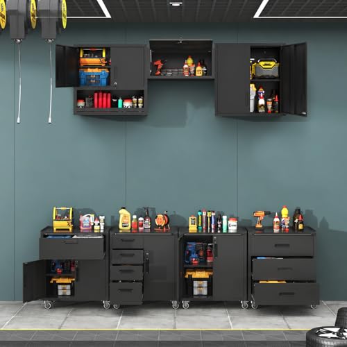 Metal Garage Storage Cabinets System, 7-Pcs Workshop Tool Cabinet Set,Black - color: Black, style: 7 pcs set-Black