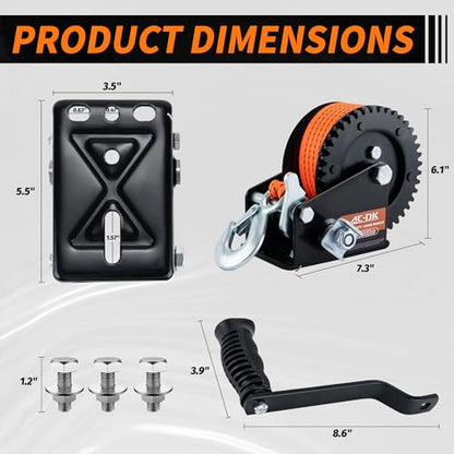 1600lbs Heavy Duty Boat Trailer Winch with 26FT Strap, 2-Way Ratchet & 4:1 Gear Trailer Winch, Portable Hand Crank Winch for Boat, Truck, Trailer, RV, ATV, Jet Ski - color: Orange Strap