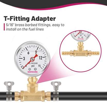 0-15psi Glycerin Filled Fuel Pressure Gauge Kit, 1-1/2" Dial Size, 304 Stainless Steel Case, 5/16" Fuel Line Fuel Pressure T-Fitting Adapter, Lower Mount, with High Accuracy… - size: 0-15psi, style: Lower Mount(T-Fitting Adapter)