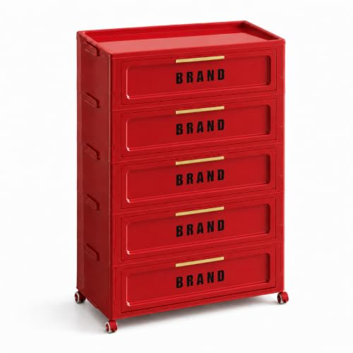 300QT Foldable Storage Cabinet with Doors and Locking Wheels, 5-Tier Heavy-Duty ABS Rolling Organizer, No-Tool Assembly for Pantry, Laundry Room, Dorm and Garage - color: Red