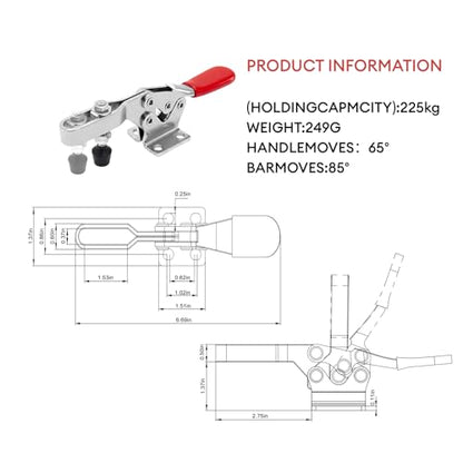 4Pcs Toggle Clamp, 496Lbs Holding Capacity Hold Down Clamp,225D Quick Release Horizontal Clamps Stainless Steel w/Rubber Pressure Tip for Woodworking Jigs and Fixtures, Welding, Drill Press - style: 225D