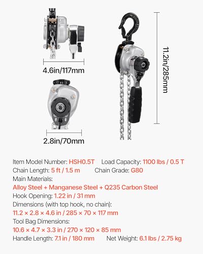VEVOR Manual Lever Chain Hoist, 1/2T 1100LBS Capacity Heavy Duty Come Along, 5FT Lift G80 Alloy Steel Chain with Dual Pawl Mechanical Brake,360°Rotating Hooks, for Warehouse Construction Garage