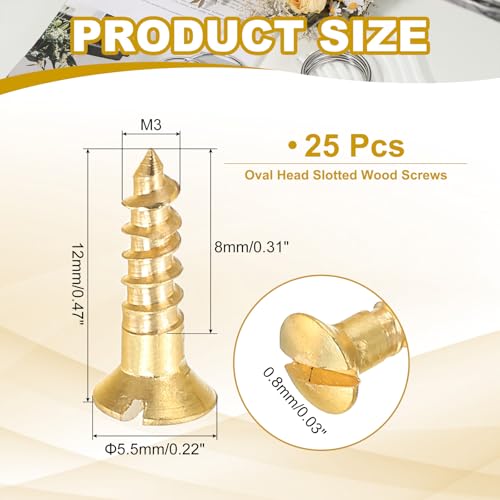 PATIKIL M3 x 12mm Slotted Wood Screw, 25 Pack Solid Brass Oval Head - size: M3x12mm