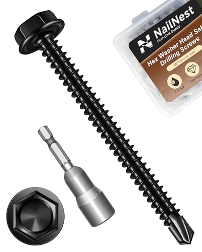 50PCS #8 x 2 Self Drilling Screws, Black Self Tapping Screws for Metal, 410 Stainless Steel Hex Washer Head Sheet Metal Screw, Quick Tapping with 7mm Hex Socket - color: Black, size: #8 x 2"
