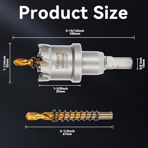 Hole Saw 1-1/4" (32mm) Heavy Duty Carbide with 2 Pilot Drill Bits - Metal Hole Cutter Cuts Stainless Steel, Iron, Copper, Brass, Plastic - size: 32mm|1-1/4"