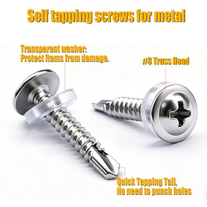 weideer 300pcs #8×5/8" Self Tapping Screws for Metal, 410 Stainless Steel Metal Screw, Truss Head Sheet Metal Screws with Washer, Screwdriver Bit K-158-W-16mm - size: SV 300PCS ＃8×5/8"