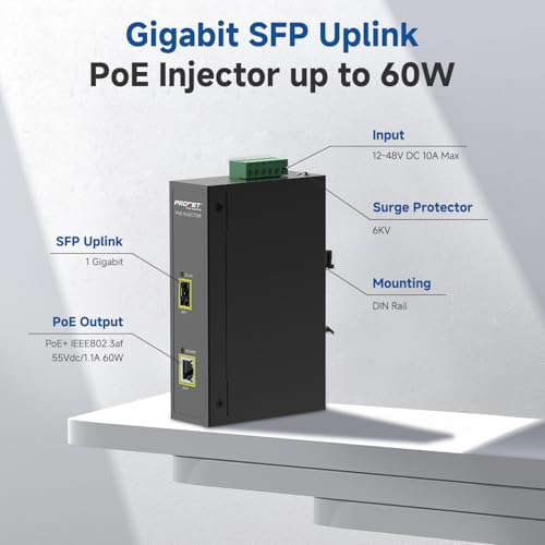 PROCET Gigabit PoE Injector DIN Rail 60W SFP Uplink PoE++ Injector, 6KV Surge Protection, -40°F to 149°F for Wireless Access Point, mmWave Bridge, PTZ/Bullet AI Camera, Small Cell, Smart Factory - color: SFP, size: 60W