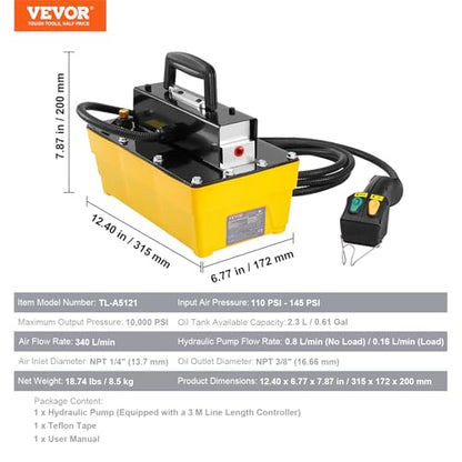 VEVOR 10,000PSI Air Hydraulic Pump, 0.61 Gal Reservoir, NPT 3/8 In Oil Outlet, NPT 1/4 In Inlet, Plastic Air Hydraulic Pump with Remote Control Actuator, for Automobile Frame Machine & Hydraulic Press - style: 2.3 L with Remote Control