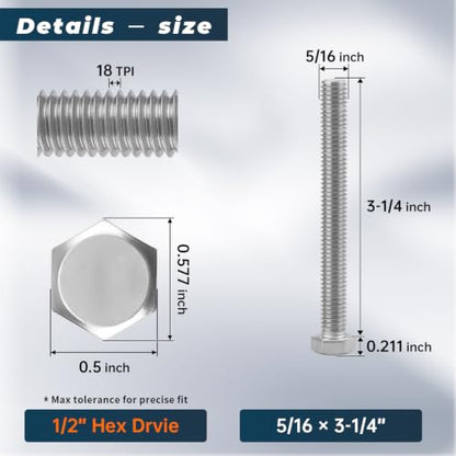 8 Sets Glvaner 5/16-18 x 3-1/4" Stainless Steel Hex Head Screws Bolts, Nuts, Flat & Lock Washers, 18-8 (304) Stainless Steel, Full Thread, Coarse Thread - size: 5/16-18 x 3-1/4"