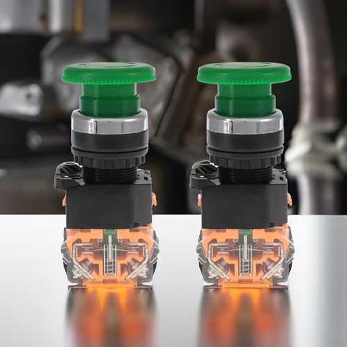 Emergency Push Button Switch, Green Mushroom Head, for Home or Industrial Equipment, Operating Rooms, Distribution Boxes, NO NC, 22mm, Stay-Put (2 Pack) - size: 2 Green, style: Stay-put