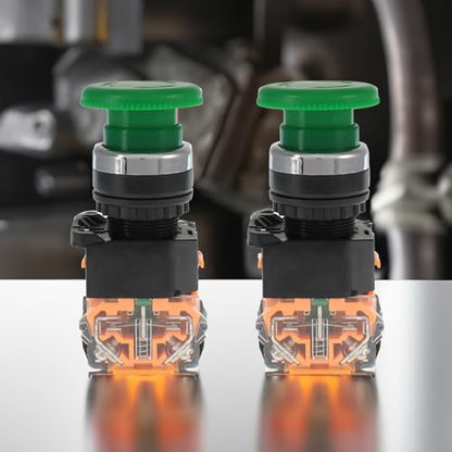 Emergency Push Button Switch, Green Mushroom Head, for Home or Industrial Equipment, Operating Rooms, Distribution Boxes, NO NC, 22mm, Stay-Put (2 Pack) - size: 2 Green, style: Stay-put