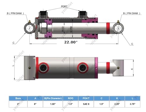 Welded Tube Cross Cylinder for Double Acting - Double Acting Welded Hydraulic Cylinder, 3" Bore, 14" Stroke