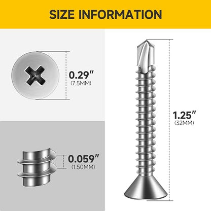 Mywish (250Pcs) #8 x 1-1/4" Self Tapping Screws for Metal, Stainless Steel Flat Phillips Head Sheet Metal Screws, Bright Finish Mouting Screws, Self Drilling Screws for Metal Plastic & Wood - size: #8 x 1-1/4"