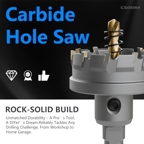 CSOOM TCT Hole Saw Set, 2-Piece 1-3/4” (44mm) Heavy Duty Carbide Tipped Cutter for Stainless Steel, Iron, Metal, and Plastic Bench, Spring Guided Drill Bits Included - size: 1-3/4"(44mm)