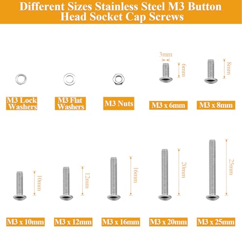 555 Pieces M3 Screws Nuts Washers Set, Sutemribor M3 x 6/8/10/12/16/20/25mm Button Head Socket Cap Screws Nuts Washers Assortment Kit, 304 Stainless Steel, Fully Threaded - size: M3 Screws Kit, style: Button Head
