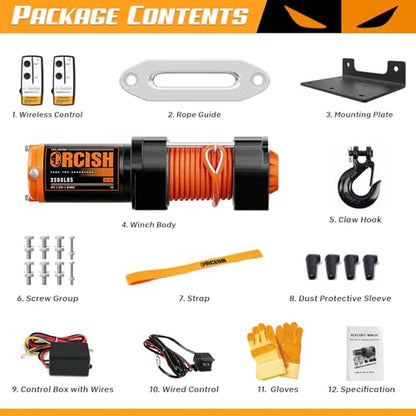 ORCISH 3500 LB 12V Electric Winch, ATV/UTV Winch Kit with Synthetic Rope - size: 3500 lb