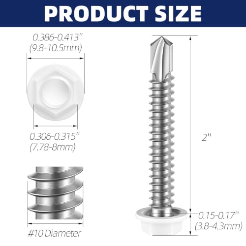 #10 x 2 Hex Washer Head Self Drilling Sheet Metal Screws with Drill Point, Stainless Steel 410, White Head, 50 PCS - color: White, size: #10 x 2"