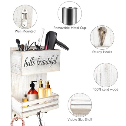 2Tier White Wooden Hair Dryer Holder Wall-Mounted Organizer - color: White