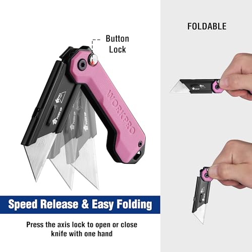 WORKPRO EDC Folding Utility Knife, Mini Box Cutter with Quick Open Axis Lock, Quick Change Blade Razor Knife, Foldable Small Pocket Knife with Belt Clip - color: Pink-g10