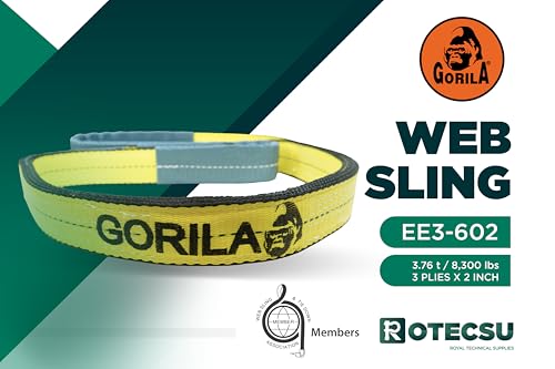 GORILA Polyester Heavy Duty Lifting Web Sling | 3ply -2 inch | 8,300lbs x 13ft (3,76 Ton x 4 Meters) | WSTDA Members | Safety Factor 5:1 | Since 1989 - size: 8,300lbs – 13ft / 3,76t – 4m