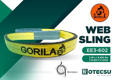 GORILA Polyester Heavy Duty Lifting Web Sling | 3ply -2 inch | 8,300lbs x 6,5ft (3,76 Ton x 2 Meters) | WSTDA Members | Safety Factor 5:1 | Since 1989 - size: 8,300lbs – 6,5ft / 3,76t – 2m