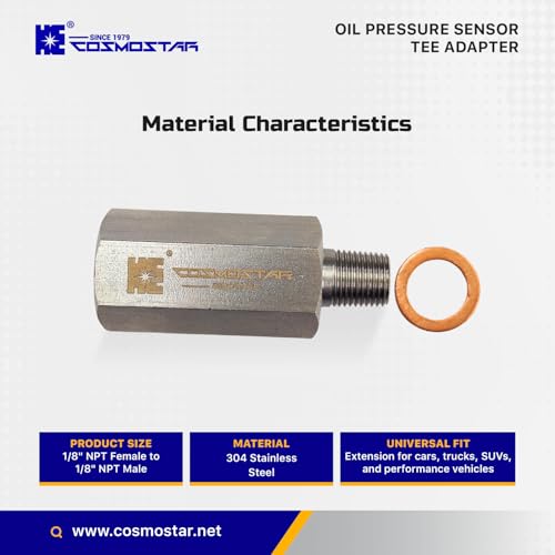 Cosmostar Stainless Steel 1/8" NPT Tee Oil Pressure Sensor Adapter – Heavy-Duty 304 SS Fitting for Oil Pressure Gauge, Turbo Supply Feed Line, & Pressure Switch - size: 1/8 NPT-1/8 NPT-1/8 NPT