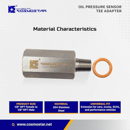 Cosmostar Stainless Steel 1/8" NPT Tee Oil Pressure Sensor Adapter – Heavy-Duty 304 SS Fitting for Oil Pressure Gauge, Turbo Supply Feed Line, & Pressure Switch - size: 1/8 NPT-1/8 NPT-1/8 NPT