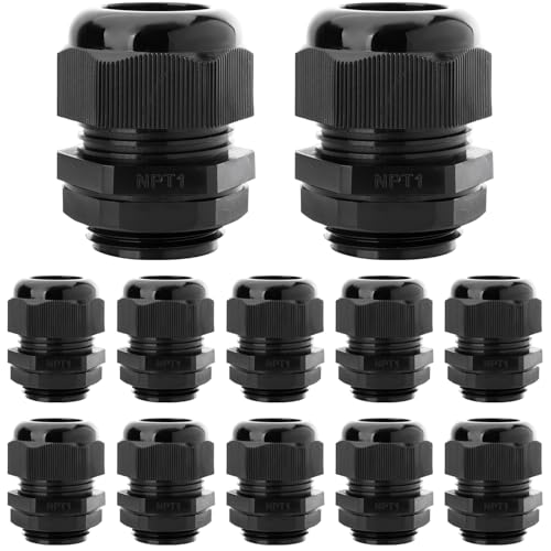 12PCS 1'' NPT Cable Gland Waterproof Adjustable 18.5-25mm/0.73-0.98inch Nylon Cable Glands Joints with Gaskets (1", 12PCS) - size: 1'' NPT 12pcs