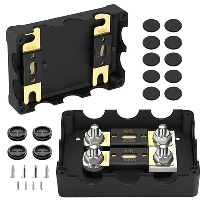 ANL Fuse Holder with 2Pcs 300 Amp ANL Fuse, Max 1000A Waterproof 4 x 5/16"(M8) Studs Heavy Duty Dual Fuse Holder with 400 Amp and 500 Amp ANL Fuses for Marine Automotive Car Truck Boat - size: 1 in 2 Out