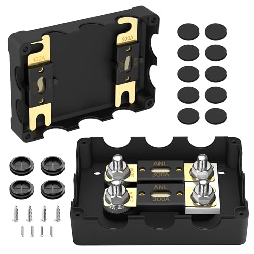 ANL Fuse Holder with 2Pcs 300 Amp ANL Fuse, Max 1000A Waterproof 4 x 5/16"(M8) Studs Heavy Duty Dual Fuse Holder with 400 Amp and 500 Amp ANL Fuses for Marine Automotive Car Truck Boat - size: 1 in 2 Out