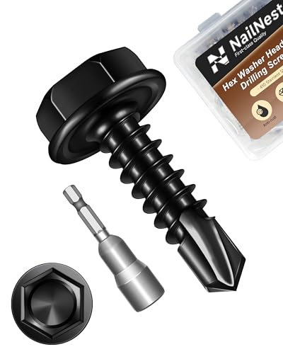 100PCS #8 x 5/8" Self Drilling Screws, Black Self Tapping Screws for Metal, 410 Stainless Steel Hex Washer Head Sheet Metal Screw, Quick Tapping with 7mm Hex Socket - color: Black, size: #8 x 5/8"