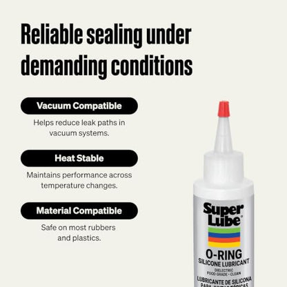 Super Lube O-Ring Silicone Lubricant - Waterproof Silicone & Rubber Seal Grease - Heat Stable Lubricant & Oxidation Protection - Food Grade H1 Grease - Clear - Bottle - 4 oz (56204)