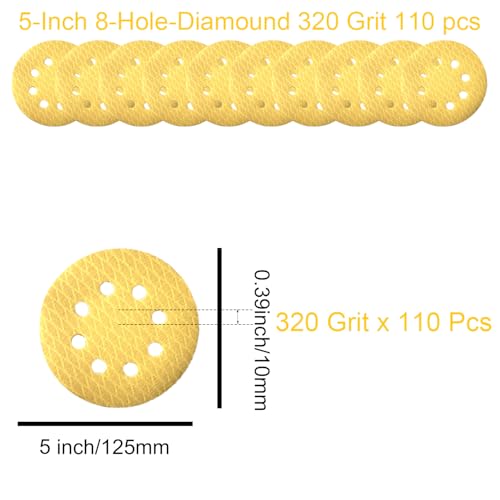 110Pcs 5 Inch Hook and Loop Sanding Discs | 8-Hole Dust-Free, 220 Grits Yellow Diamond | 135G Latex Backing | for Wood/Metal/Auto