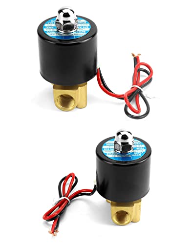 QWORK 1/4" G Thread Brass Electric Solenoid Valve 12V DC Normally Closed, 2 Pack Suitable for Water, Air, Gas, Fuel, and Oil with Gasket